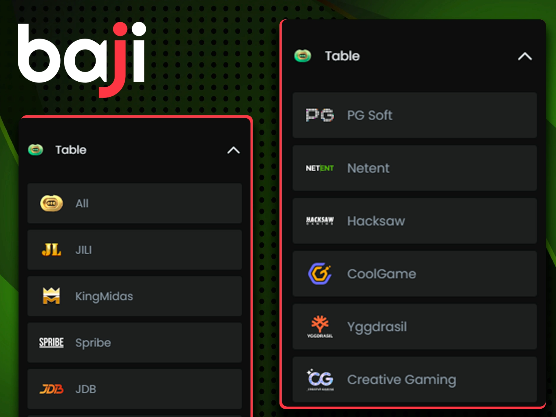 The most popular table game providers are presented on the Baji online casino website.