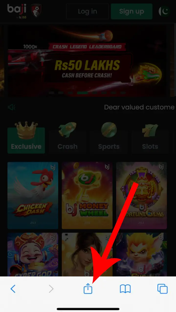 Open the Safari menu to install the Baji mobile shortcut.